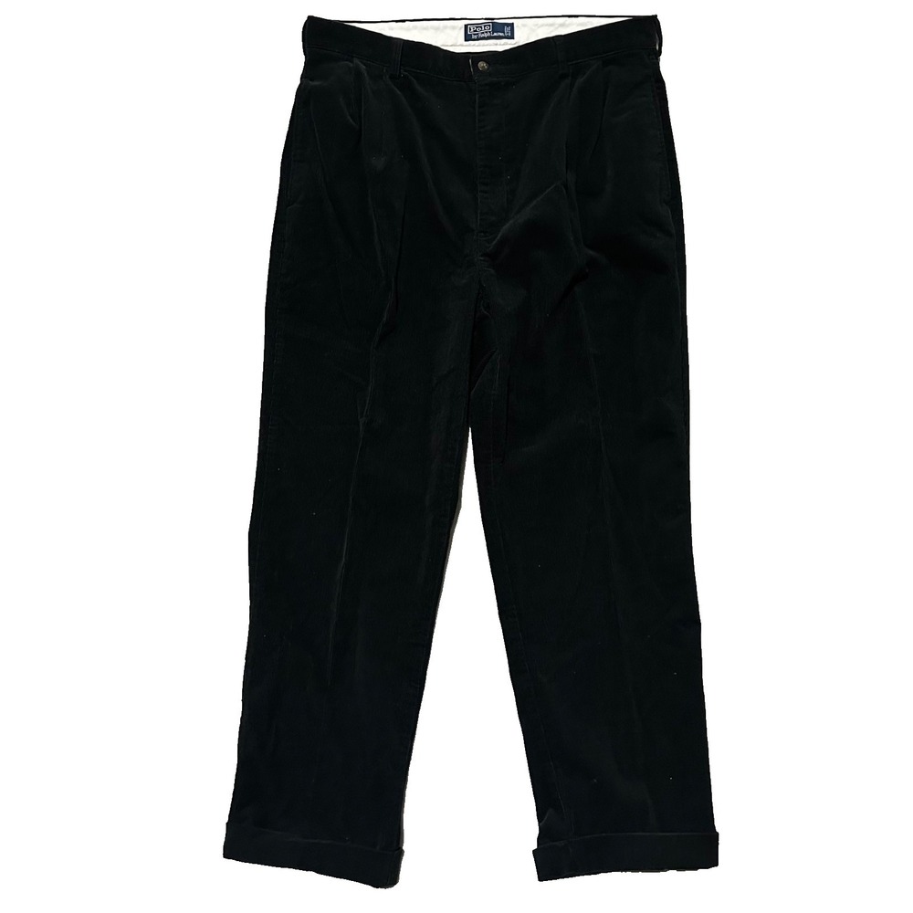 Vintage Polo Ralph Lauren Mens Pants 38x30 Black Corduroy Pleated Cuffed